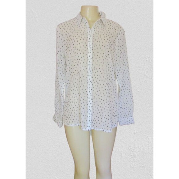 White Montego Size 14 Long Sleeve Button-Up Blouse With Black Heart Pattern - Picture 2 of 7